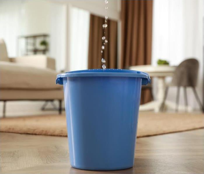  img src =”bucket” alt = " blue bucket in the middle of the living area catching water falling from the ceiling ” >